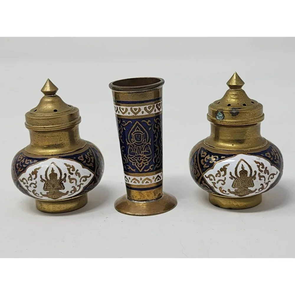 Vintage‎ Brass Gold Salt And Pepper Shakers Tray Toothpick Holder Unmarked
